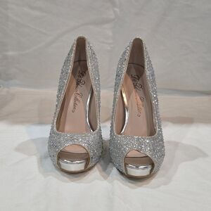 De Blossom Women's Rhinestone Peep-Toe Platform Heels Silver Pumps Size 6.5